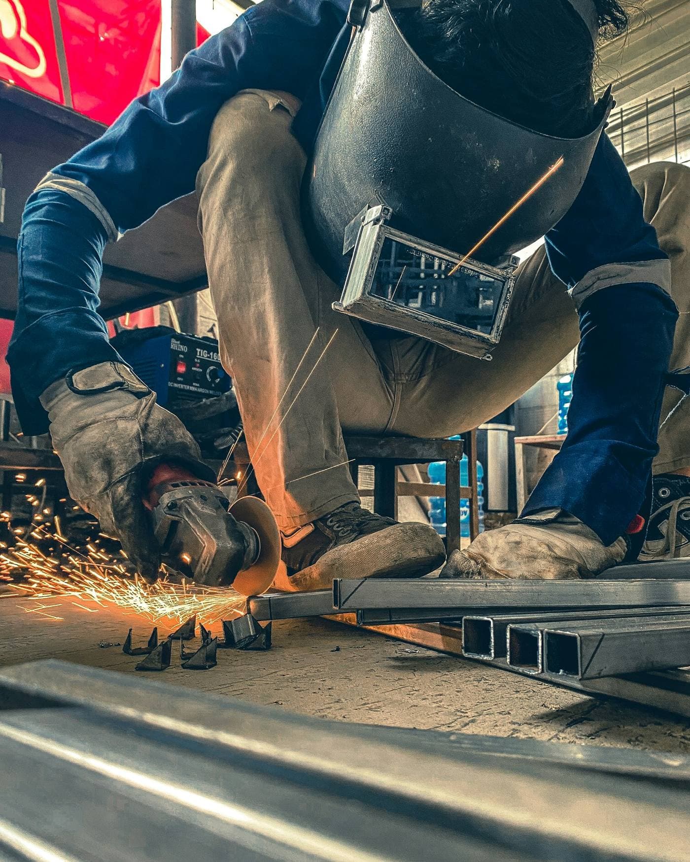 Professional welding in a fabrication workshop